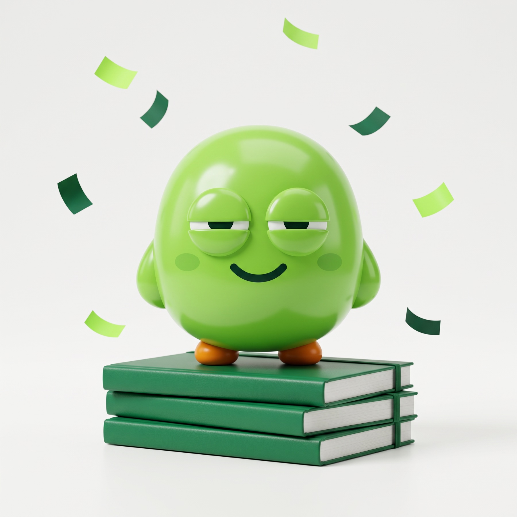 The buddy stood proudly on a stack of notebooks with confetti falling